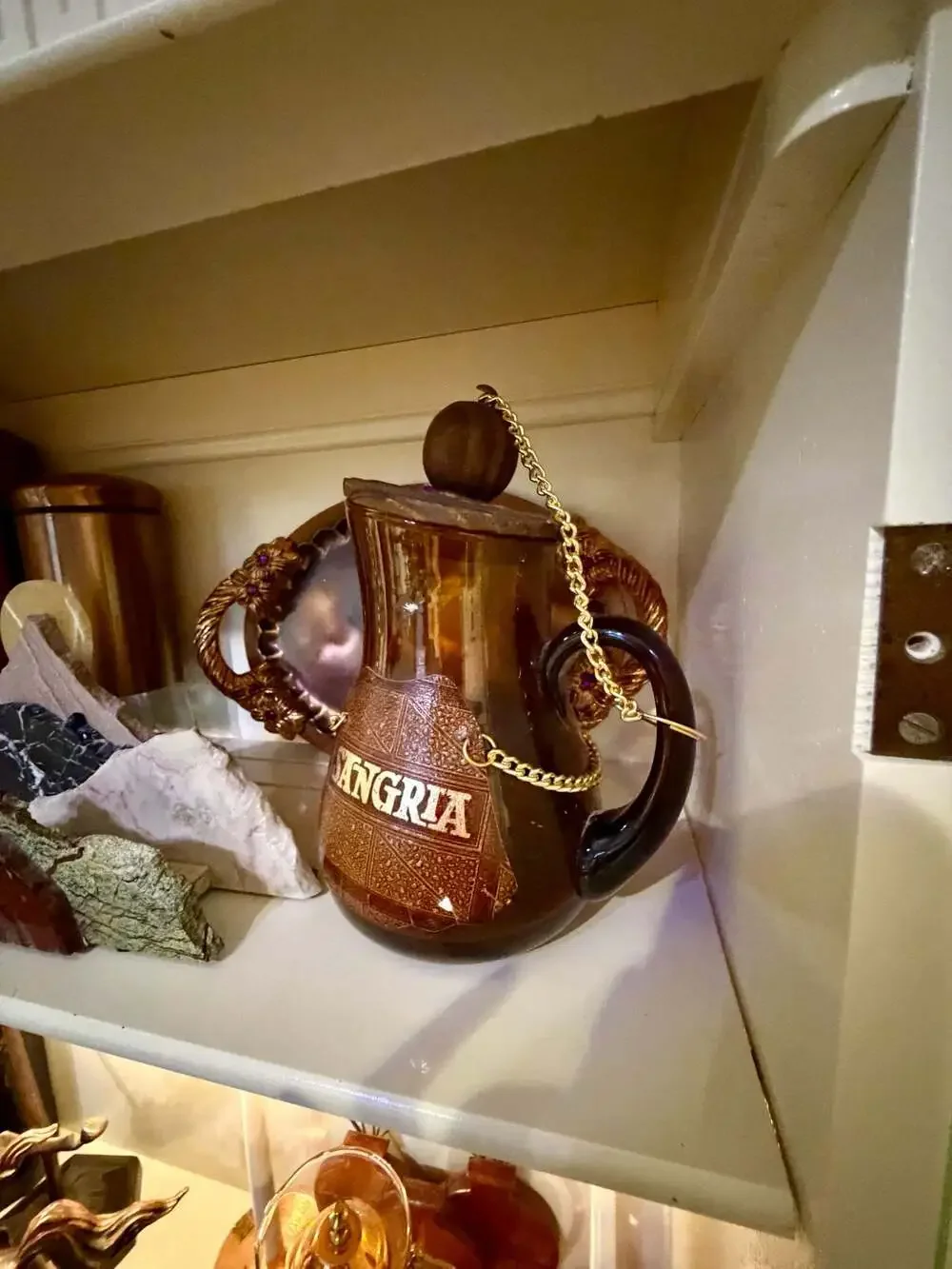 Vintage Spanish Amber Glass Sangria Pitcher Wooden Lid Chain